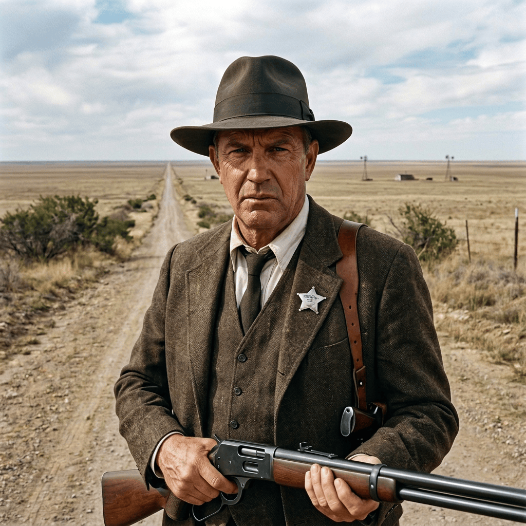Lawman in a suit and hat holding a rifle on a desert road